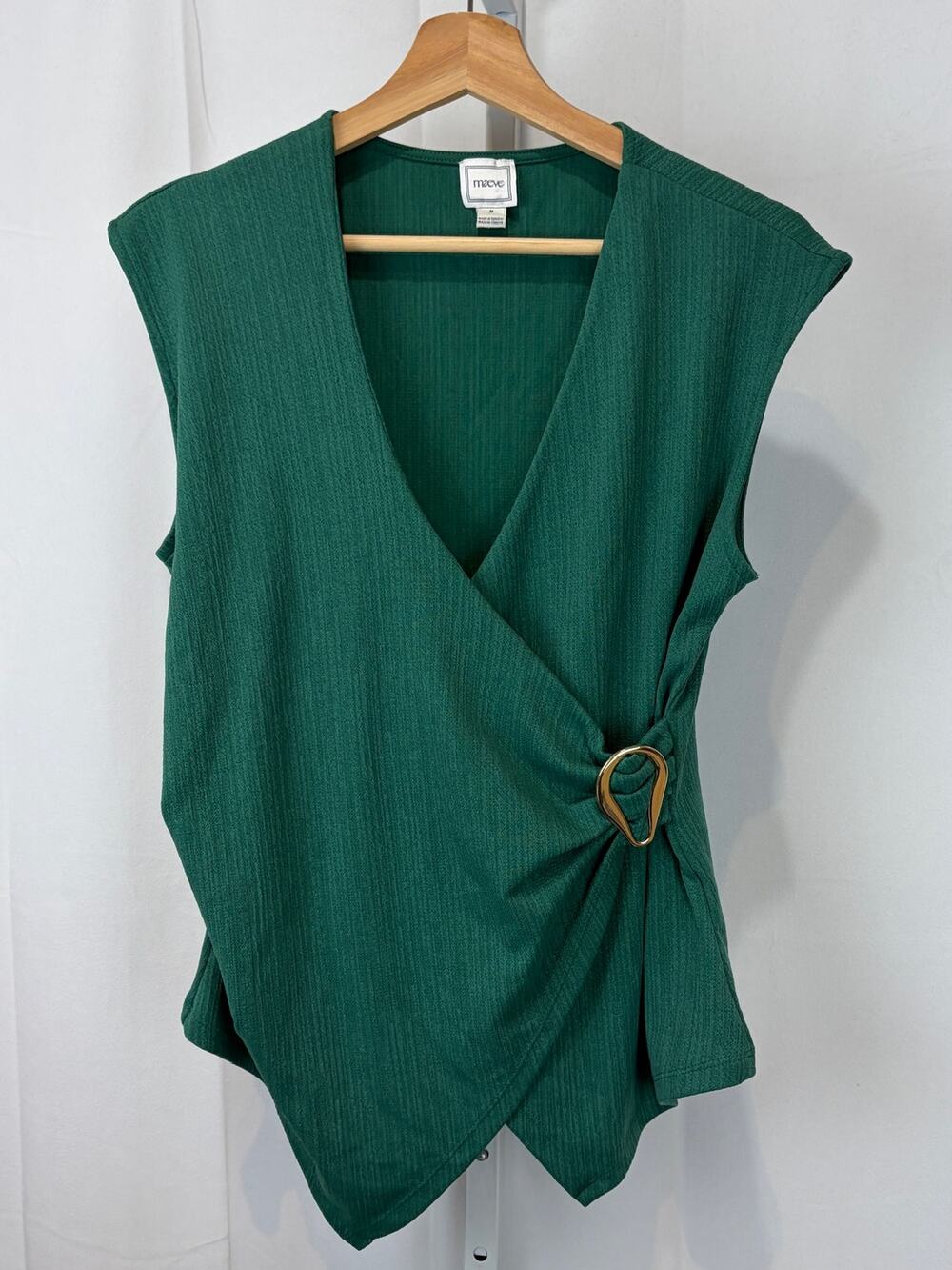 MAEVE Anthropologie V Neck Cap Sleeve Top Fixed Wrap Textured Green Size M